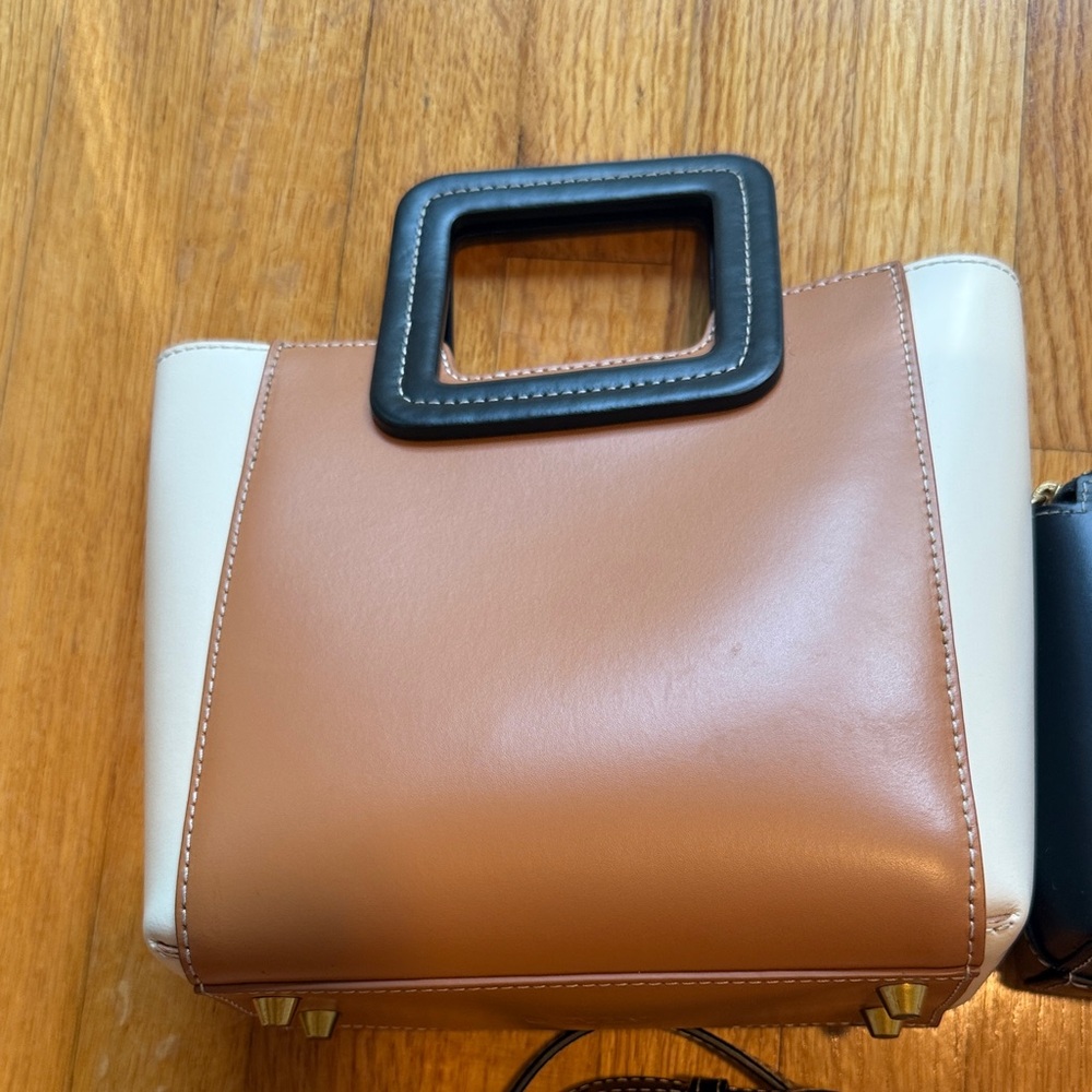 STAUD Tan and Cream Tote with Black Handle